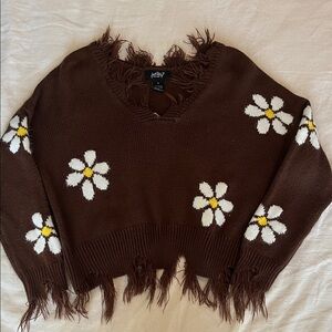 Chic Brown V-Neck Sweater with Daisy Design